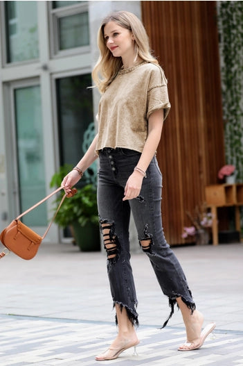 French Terry Washed Raw Edge Crop Top w/ Back Patch