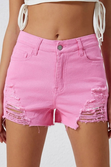 Pink Distressed Denim Shorts