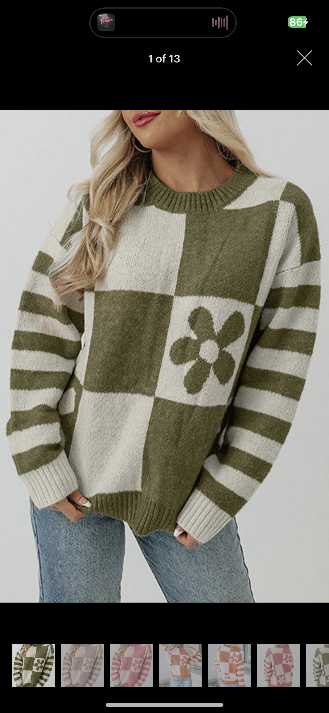 Checkered Floral Print Striped Sleeve Sweater