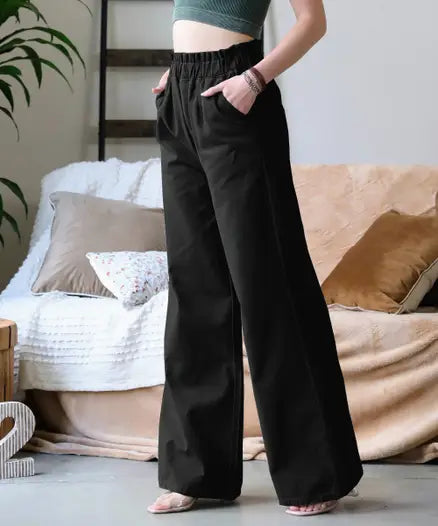 Stone Washed Canvas Paperbag Waist Wide Leg Pants- Black