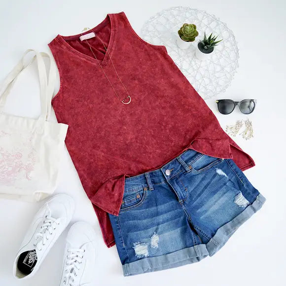 Mineral Wash Sleeveless V-Neck Tunic with Side Slit- Cabernet